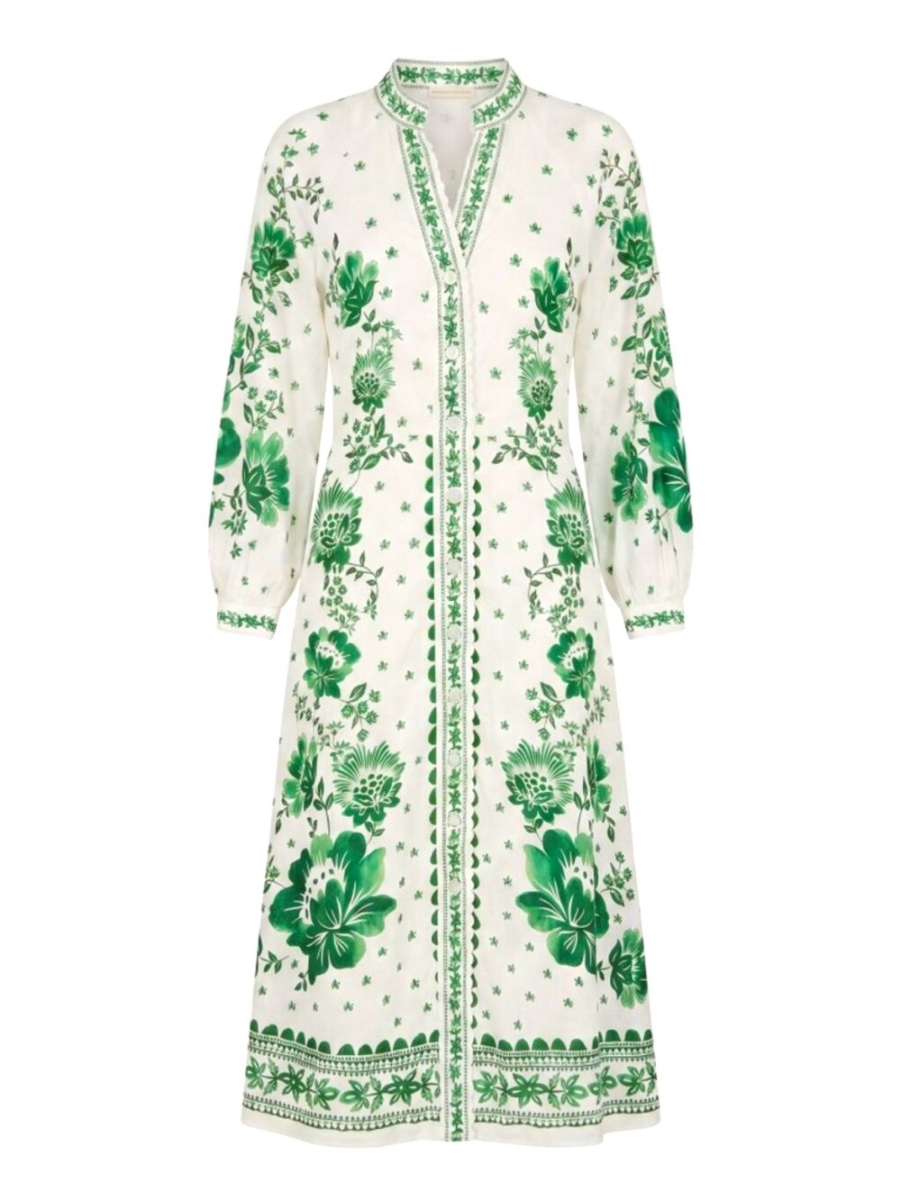 Magaschoni Linen Maxi Dress Lantern Sleeve V-neck M ( Farm Rio Green Forest)